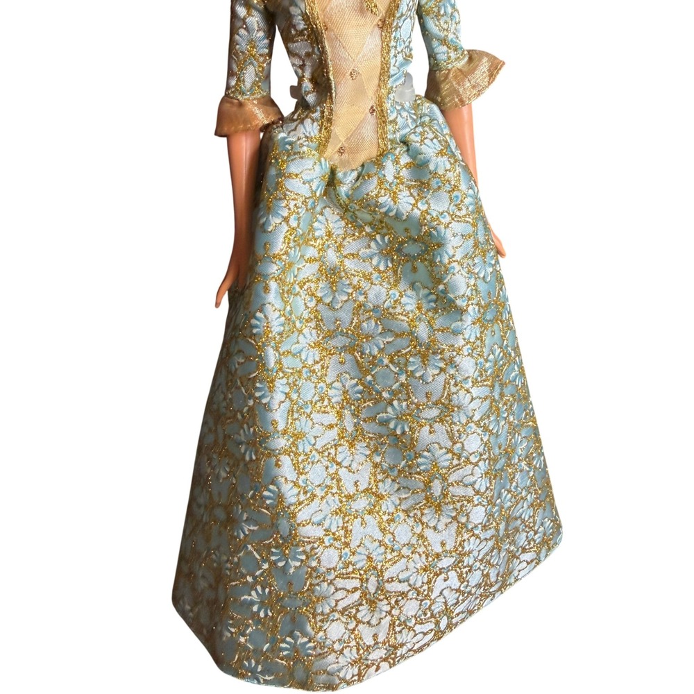 Mattel Barbie Princess Doll Blue Gold Floral Brocade‎ Gown Brown Hair with Stand - Picture 3 of 9